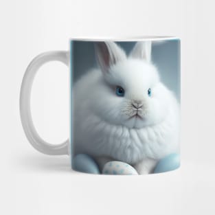 Cute White Fluffy Bunny with Blue Eyes and Easter Eggs Mug